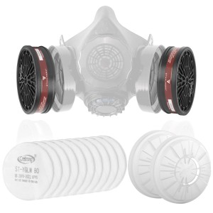 STAHLWERK Gasfilter Set A1 mit Atemschutzmaske, Gas- und Partikelfilter, Schutzkappen und Partikelfilter.