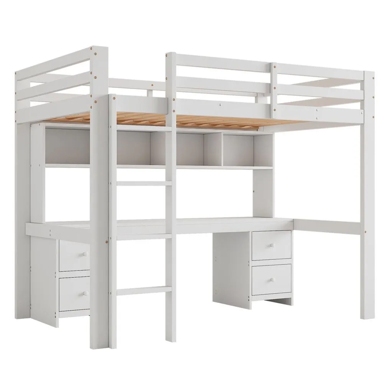 KOMHTOM Hochbett 90x200Cm Kinderbett Bett Oben Tisch Unten Großer Stauraum Hohes Geländer Stabile Treppe Weiß Ohne Matratze