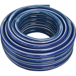 Aufgerollter, blauer LUX Gartenschlauch 19 mm (3/4) mit weißem Streifen, 25 m lang.
