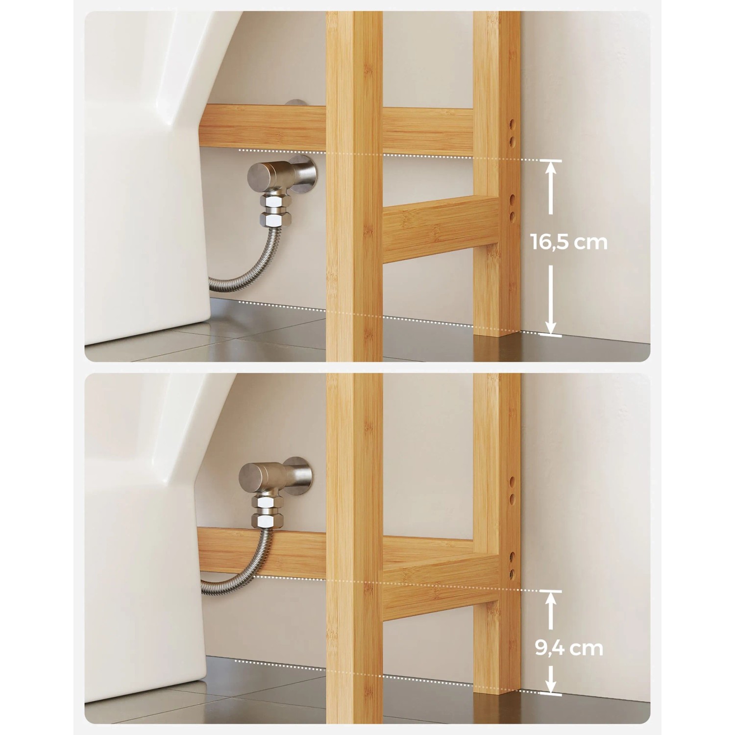 Detailaufnahme: Vasagle Toilettenregal in Natur, Maße zum Anpassen an Toilettenanschluss.