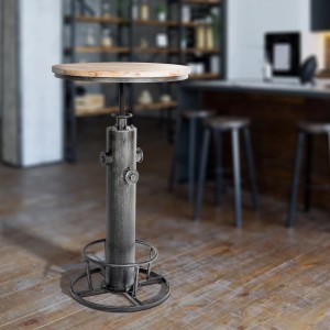 Höhenverstellbarer Stehtisch Ruhr in Antik Silber mit runder Holzplatte und Metallgestell im Industrial Look.