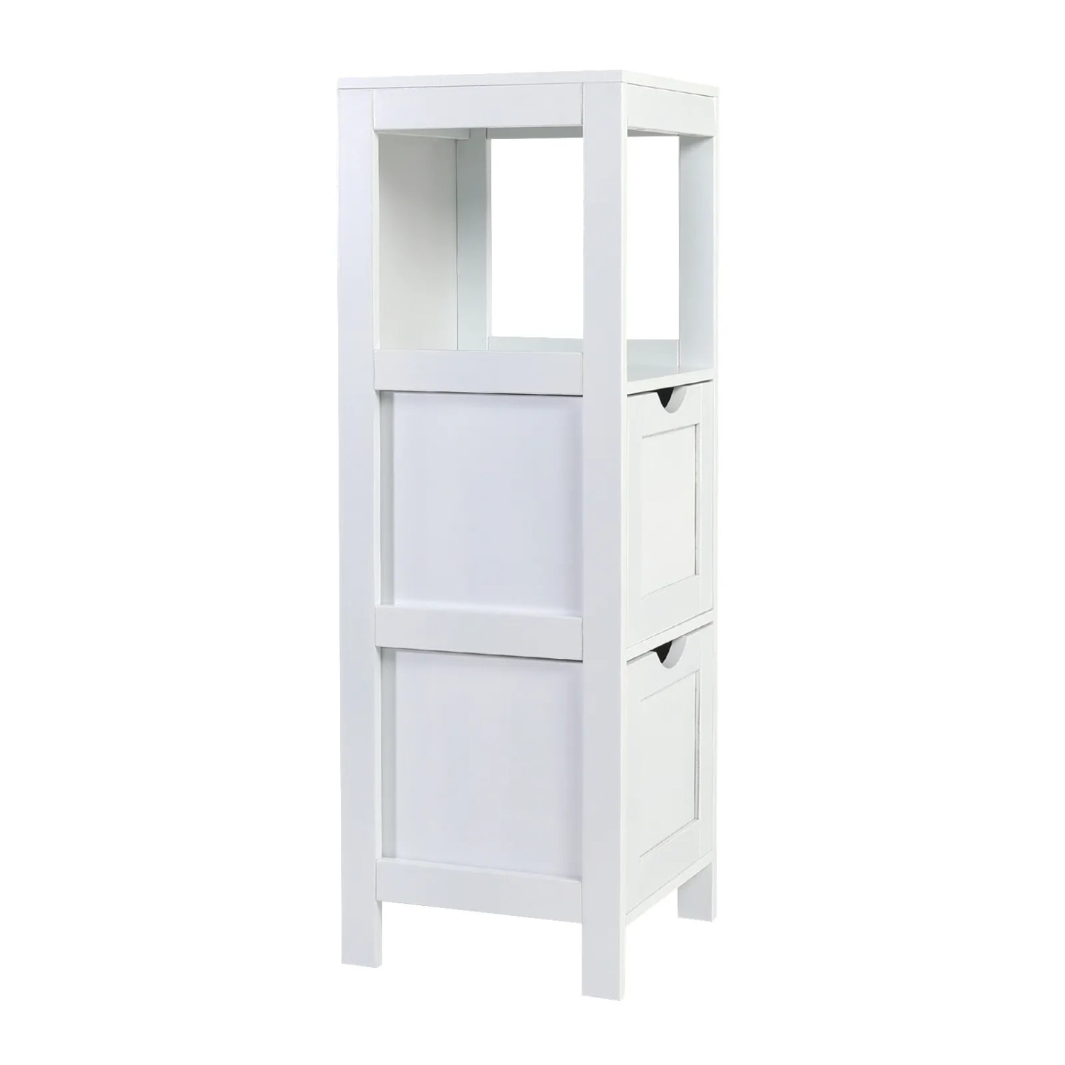 Svita Lintu Badregal, weißes Standregal mit 2 Schubladen und offenem Fach, Holzoptik.