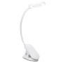 Weiße Philips LED-Tischleuchte Forys mit Clip und Akku für flexible Beleuchtung.