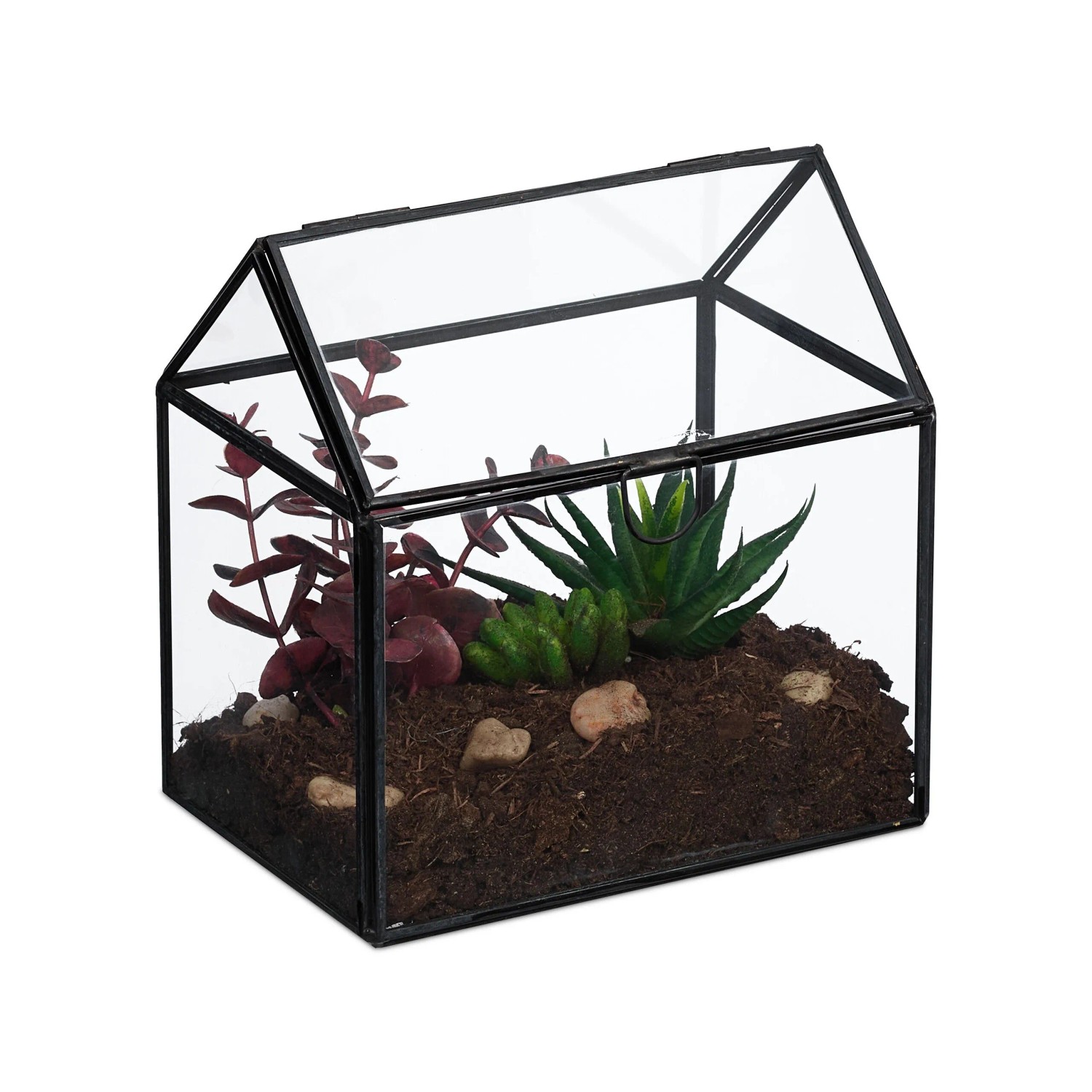 Relaxdays Pflanzenterrarium Hausform Glas Zinn Schwarz 16 x 16 x 11,5 cm 680 g