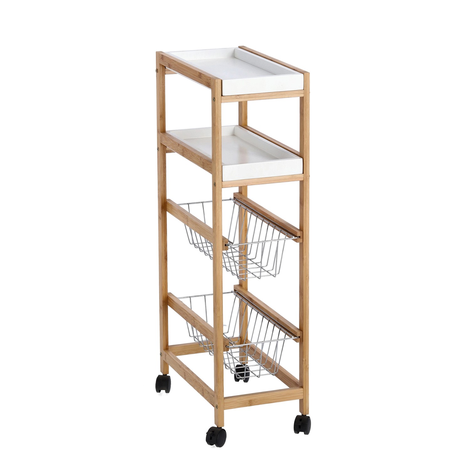 Schmaler, weiß-naturfarbener Servierwagen aus Bambus mit 2 Ablagen und 2 Metallkörben.