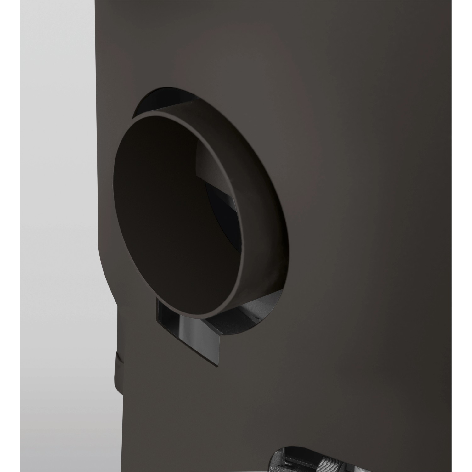 Detailaufnahme des Justus Kaminofen Faro W+ 2.0, Stahl schwarz, Abgasrohranschluss