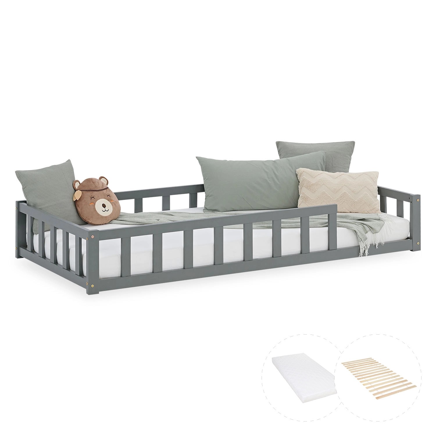 Homestyle4u Kinderbett Grau mit Rausfallschutz 90x200 Bodenbett Matratze 31 günstig online kaufen