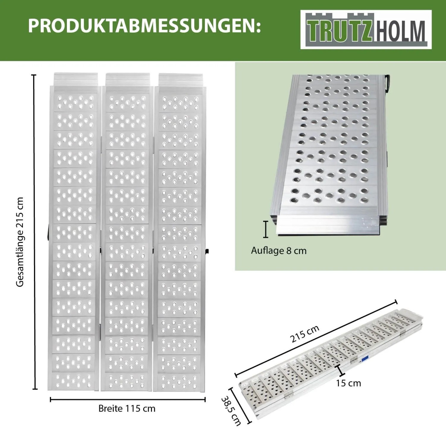 DREIBREIT Auffahrrampe klappbar, 215cm, Tragkraft 1020kg, Aluminium, mit Maßangaben.