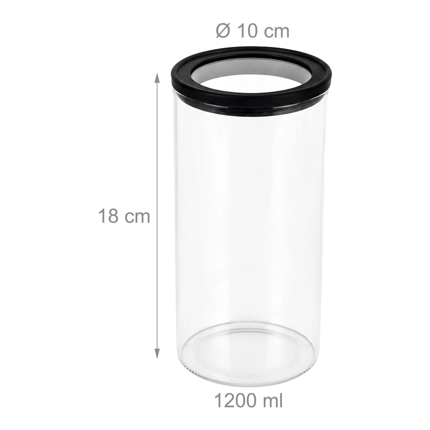 Transparentes Glas-Vorratsglas mit schwarzem Dichtungsring, 18 cm hoch, 10 cm Ø, 1200 ml. Für Küche & Aufbewahrung.