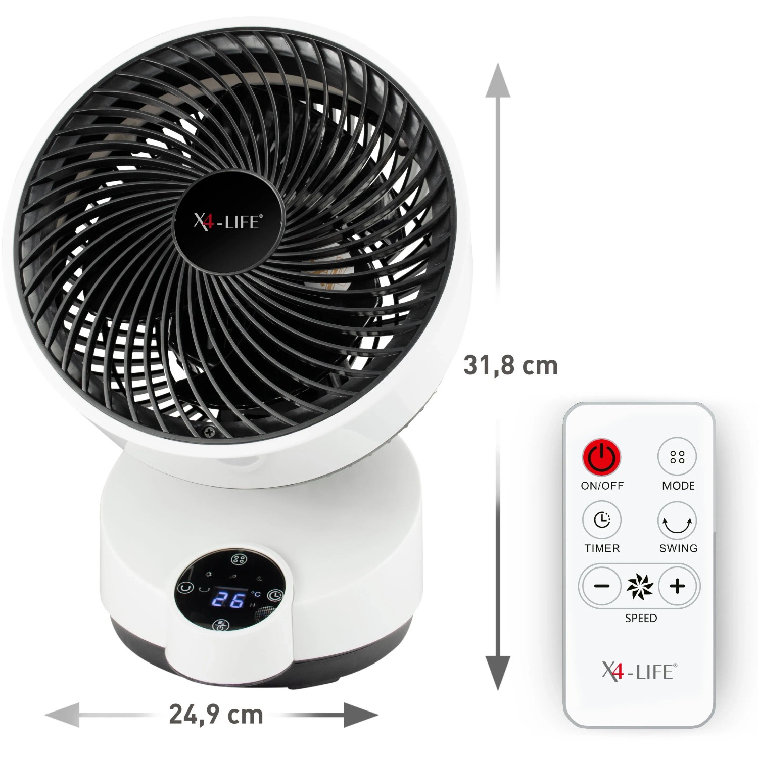 Weißer Vornado Tischventilator X4-Life Pinguin DX mit Fernbedienung und digitaler Anzeige.