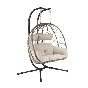 Beiger Juskys Doppel Hängesessel Aria mit Gestell aus Polyrattan für Garten oder Terrasse.