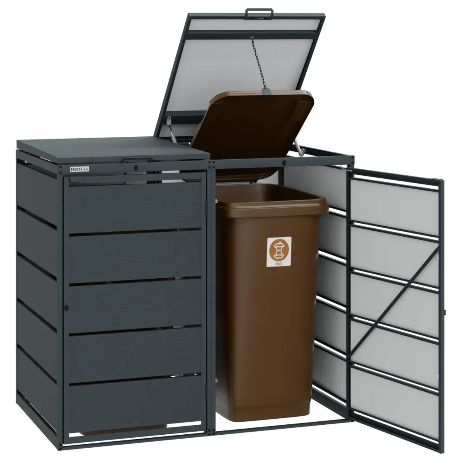 MBOX24 Classic Mülltonnenbox anthrazit für 2 Tonnen aus verzinktem Stahl, offen mit brauner Tonne.
