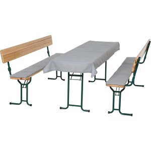 3-teilige Festzeltgarnitur mit hellgrauen Auflagen aus Baumwoll-Polyester-Gemisch.