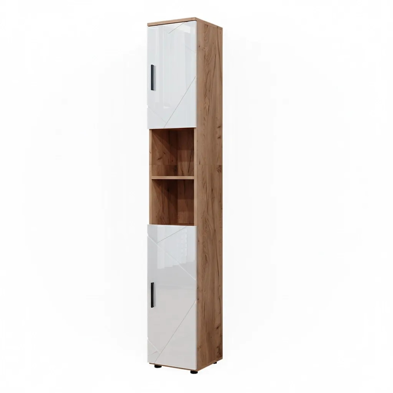 Vicco Badschrank Irma Weiß Hochglanz Goldkraft Eiche 30 x 192 mit Türen und Offenen Fächern