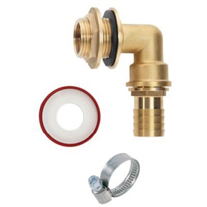 Geka Regentonnenanschluss-Set mit 90°-Tülle aus Messing, inklusive Dichtungsring und Schlauchschelle.