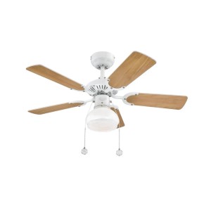 Weißer WESTINGHOUSE Deckenventilator Princess Radiance II mit Holzdekor und Beleuchtung.