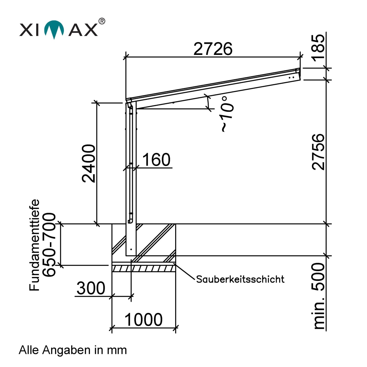 Technische Zeichnung Ximax Carport Linea-80 Tandem Edelstahl-Look mit Maßangaben.