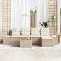 6-teiliges Garten-Sofa-Set aus braunem Poly Rattan mit beigen Kissen und Tisch.