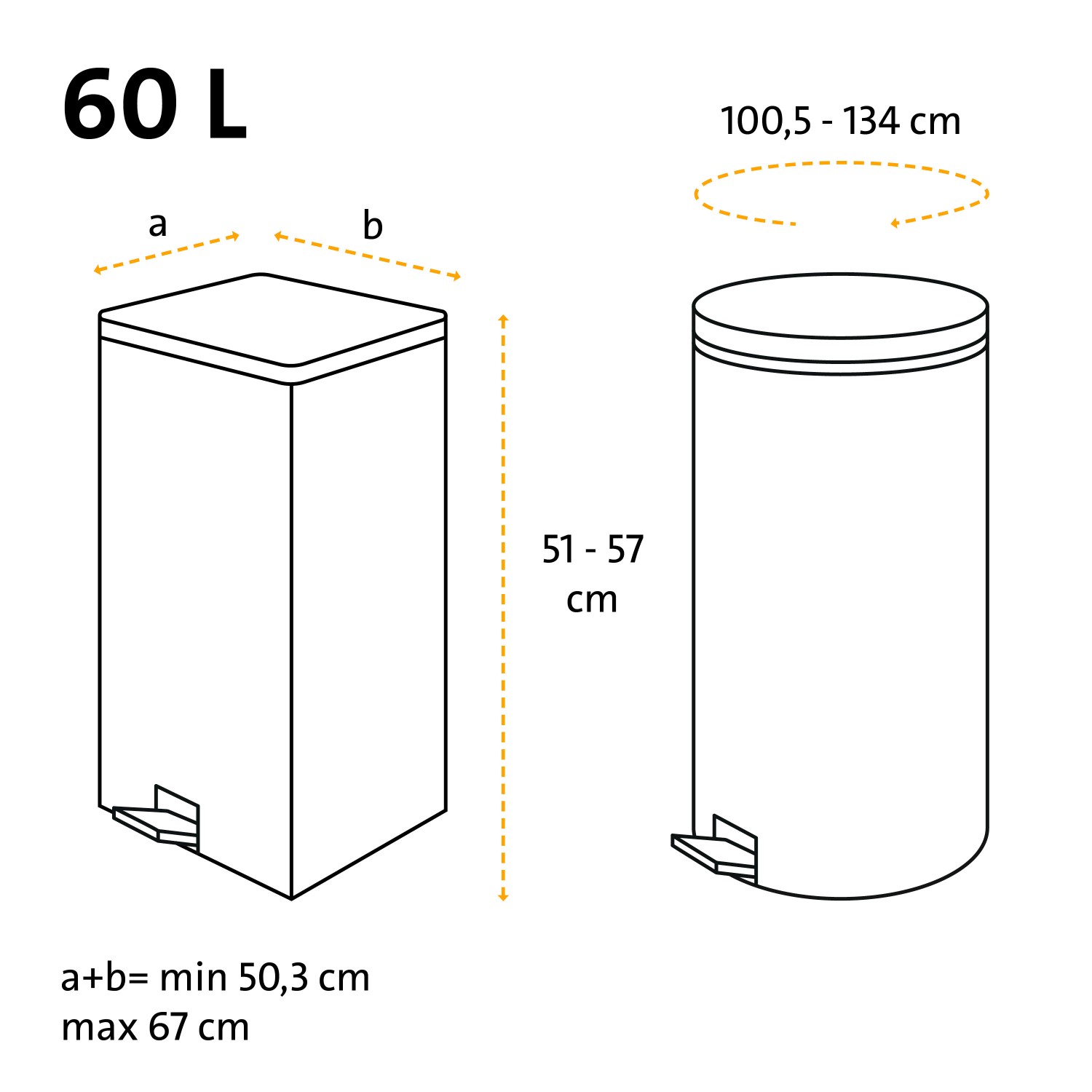 Skizze: Swirl Müllbeutel 60L mit Maßangaben zu Höhe und Durchmesser.