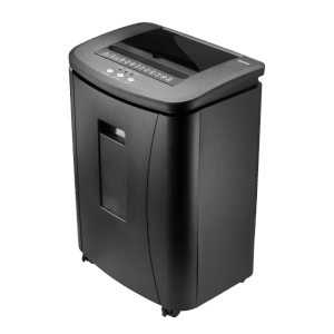 Schwarzer Hama Aktenvernichter Safe Auto M1200 mit Rollen und Micro-Cut.