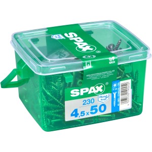 Spax Terrassenschrauben 4,5x50 mm, 230 Stück im grünen Behälter.