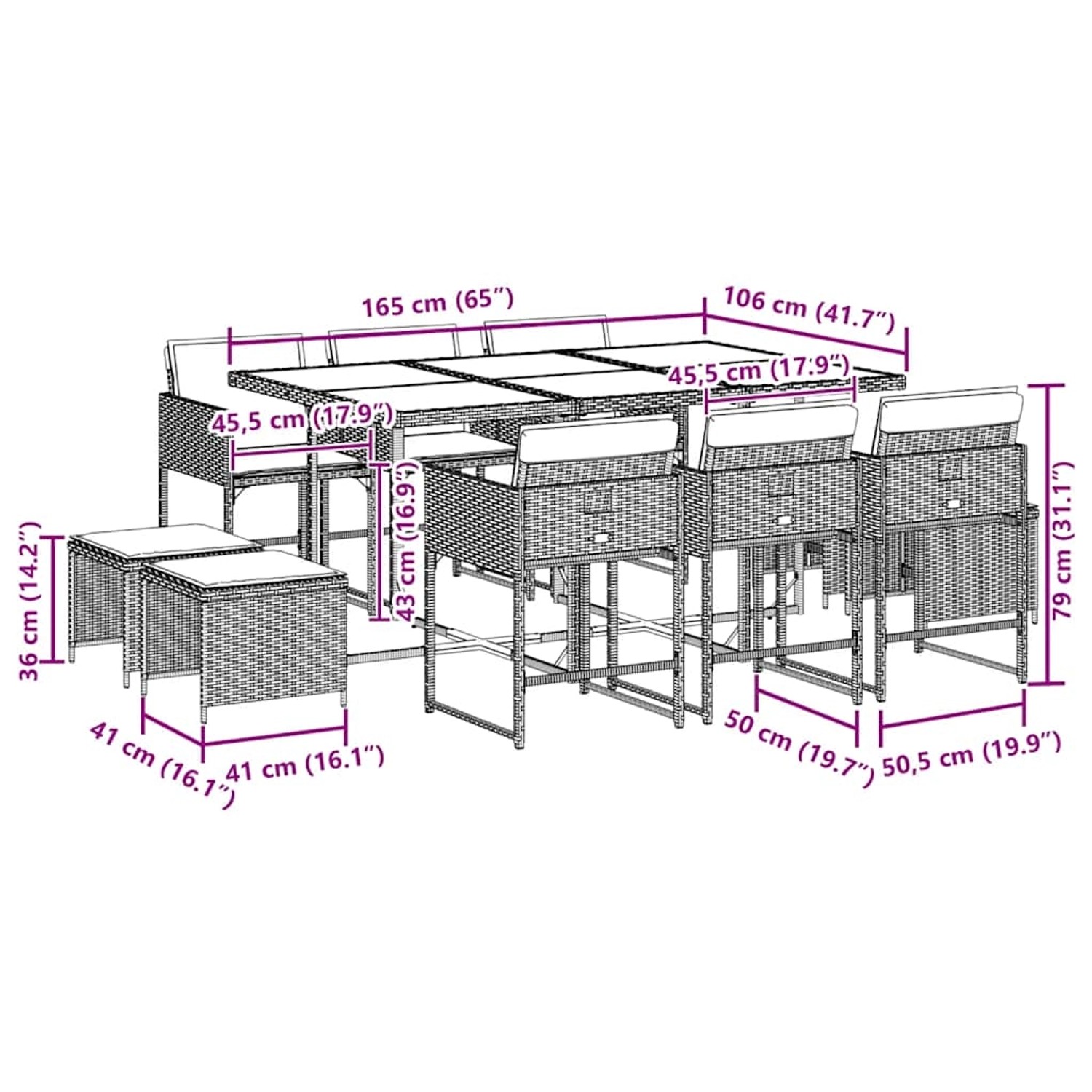 vidaXL 11-tlg. Garten Essgruppe aus schwarzem Poly Rattan mit Maßen.