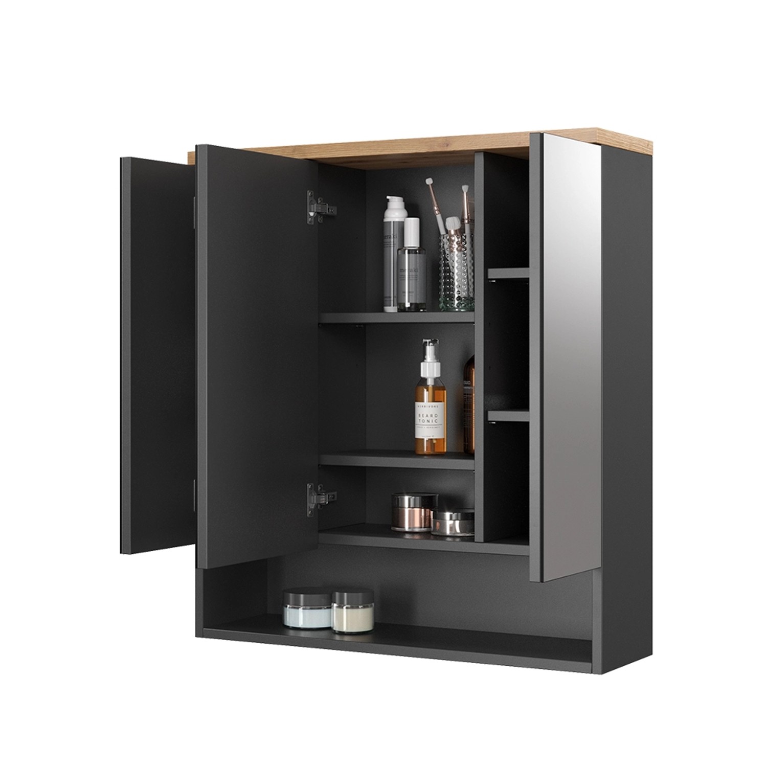 Vicco Badspiegelschrank Eden, anthrazit/Eiche, 70x77 cm, mit offenen Fächern und verspiegelten Türen.