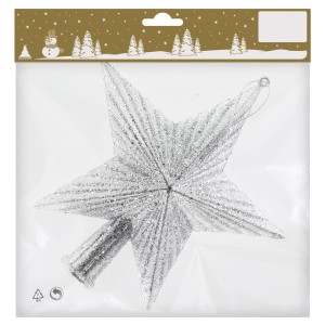 Silberne Baumspitze in Sternform aus Kunststoff, 18x19cm, glitzernd für festliche Weihnachten.