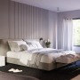 Schlafzimmer mit schwarzem Akustikpaneel Esche MDF an der Wand. Holzpaneel zur Schallabsorption.