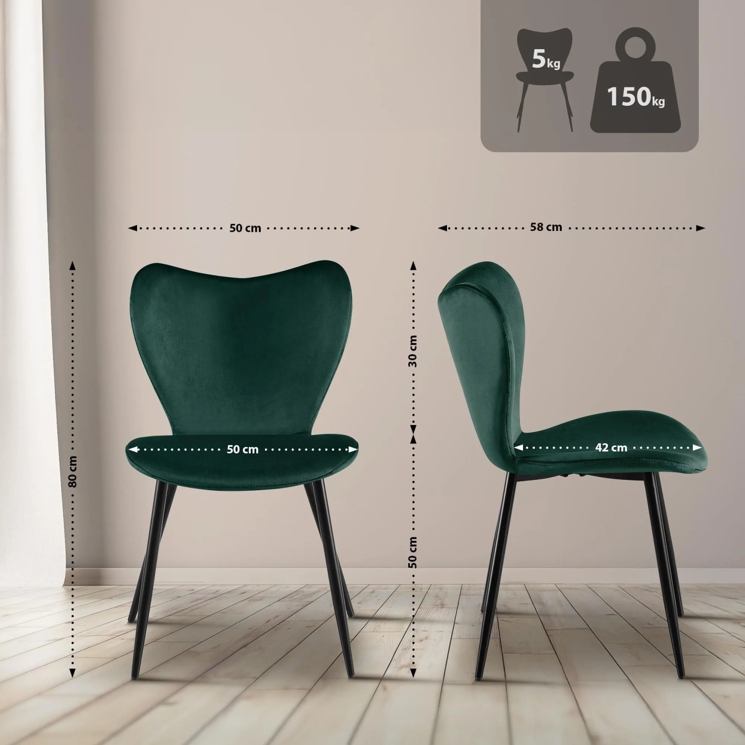 DELUKE Esszimmerstuhl COLON Samt Grünfarbig 50x58x80cm Essstühle Esszimmerstühle Küchenstühle Wohnzimmerstühle