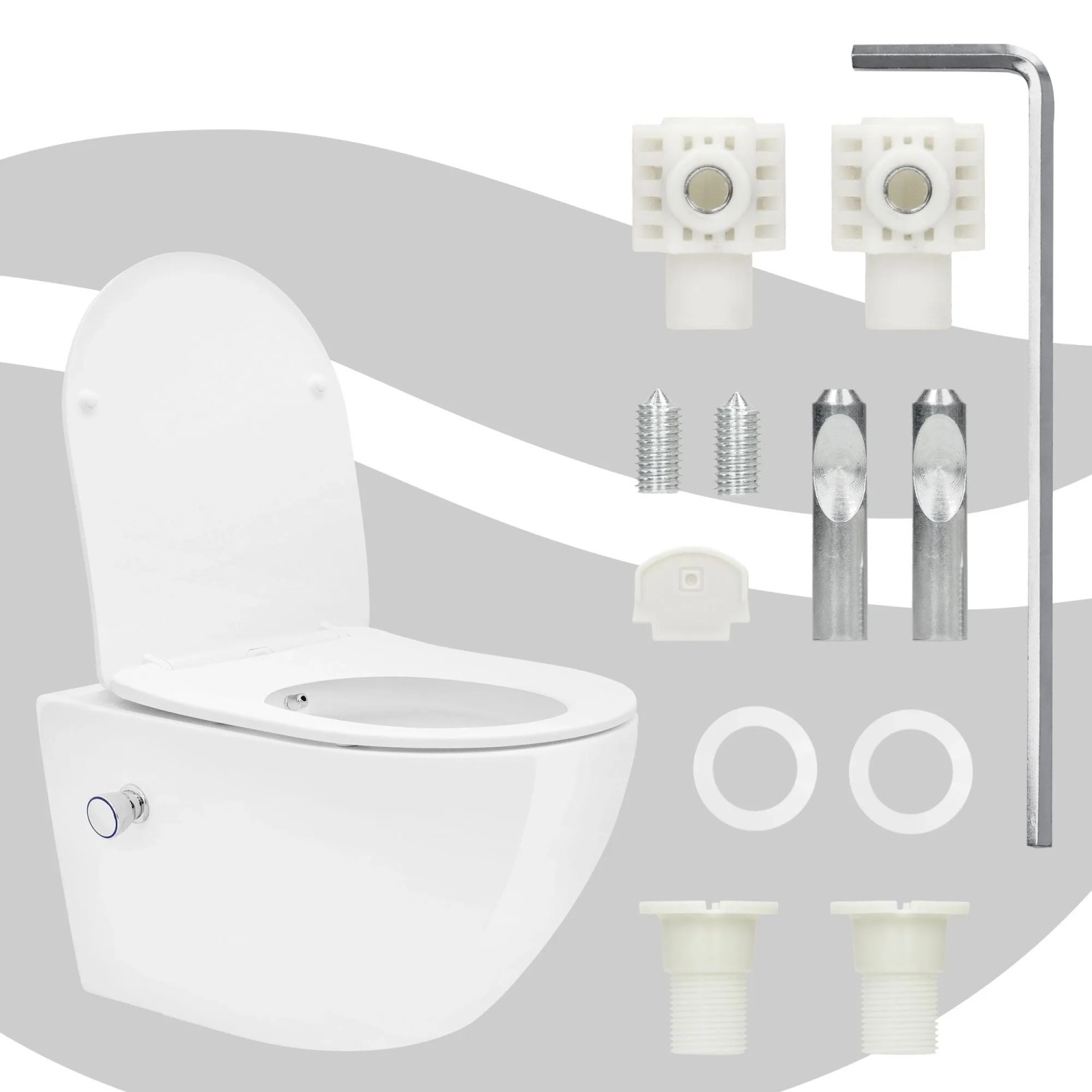 Weißes spülrandloses LuxeBath Hänge-WC aus Keramik mit Bidetfunktion, Softclose-Sitz und Montagematerial.