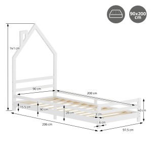 Weißes ML-Design Kinderbett Haus (90x200 cm) mit Matratze, Seitenansicht mit Maßangaben.