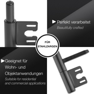 Schwarzes 2-teiliges SOTECH Türband aus pulverbeschichtetem Stahl, Ø15 mm, für Stahlzargen.