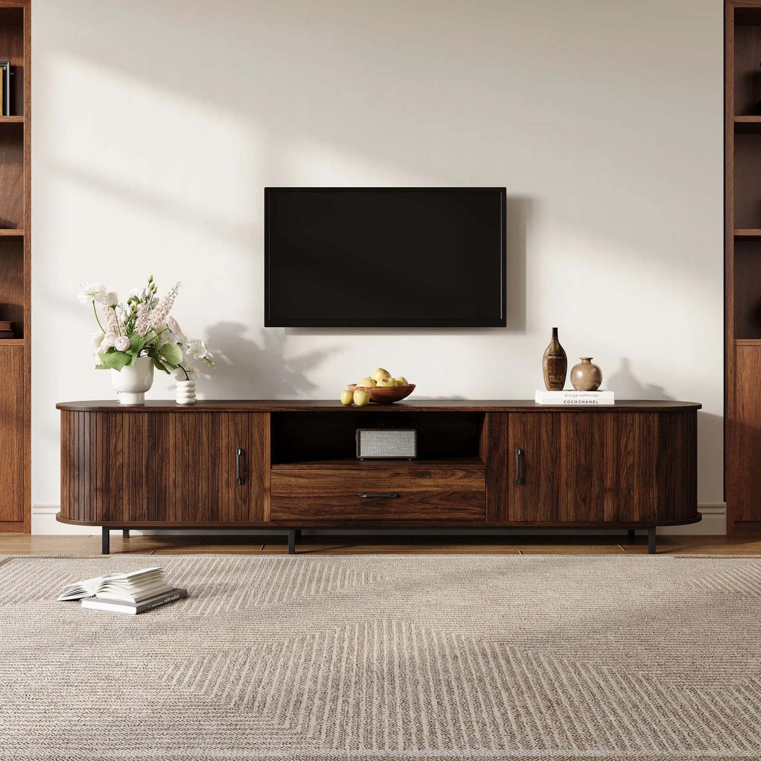 Merax TV Lowboard 180x40x50 cm Schiebetüren Schublade Offene Fächer Rillenoptik