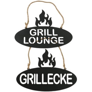 Schwarzes Boltze Schild Conny mit Aufschrift "Grill Lounge" und "Grillecke", Geschenkartikel.