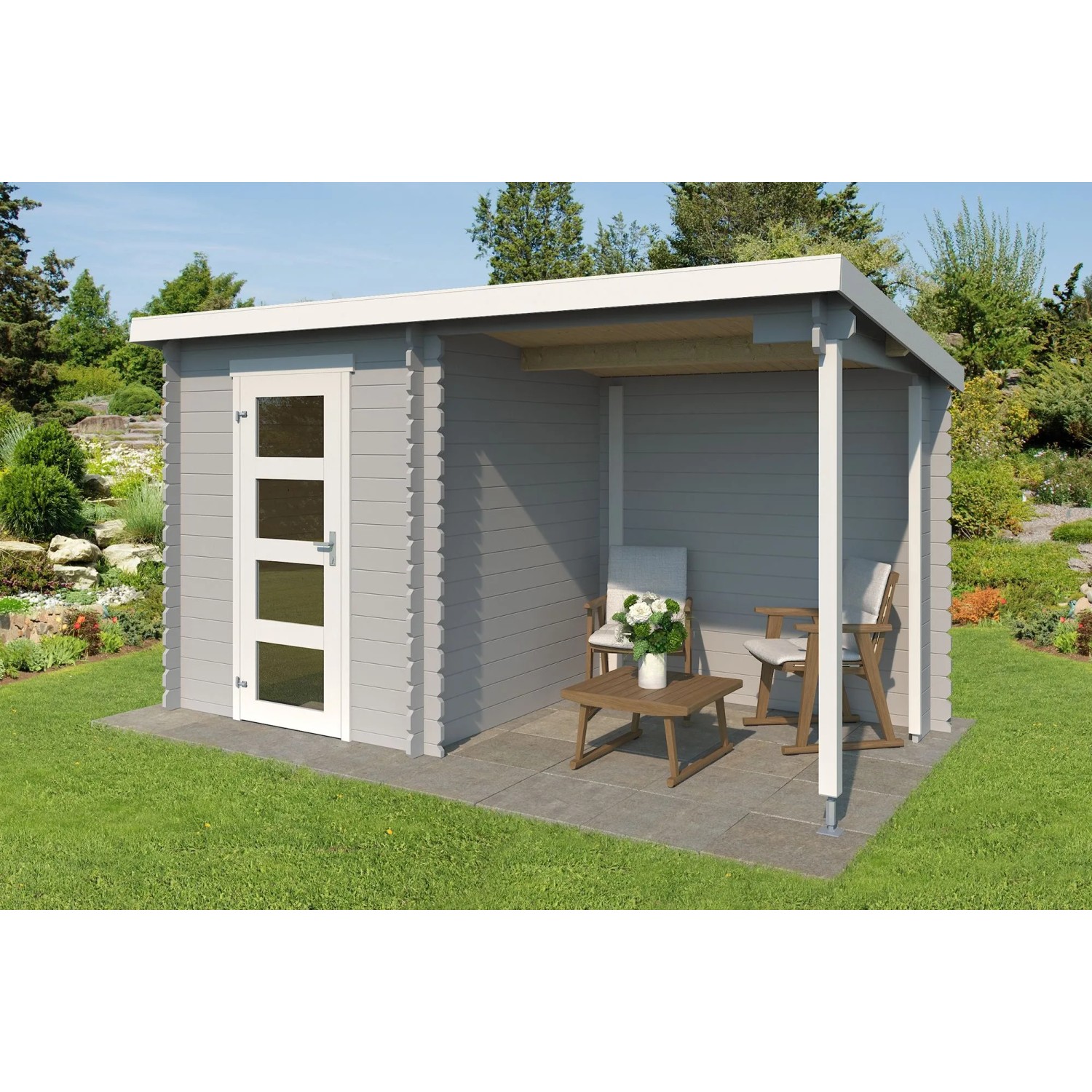 Lasita Holz-Gartenhaus Jelle Plus Flachdach Lichtgrau Lasiert 370 cm x 175 cm