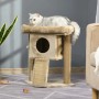 Beiger PawHut Kratzbaum (57cm) mit Katzenhöhle, Liegefläche und Spielball. Katze liegt oben.