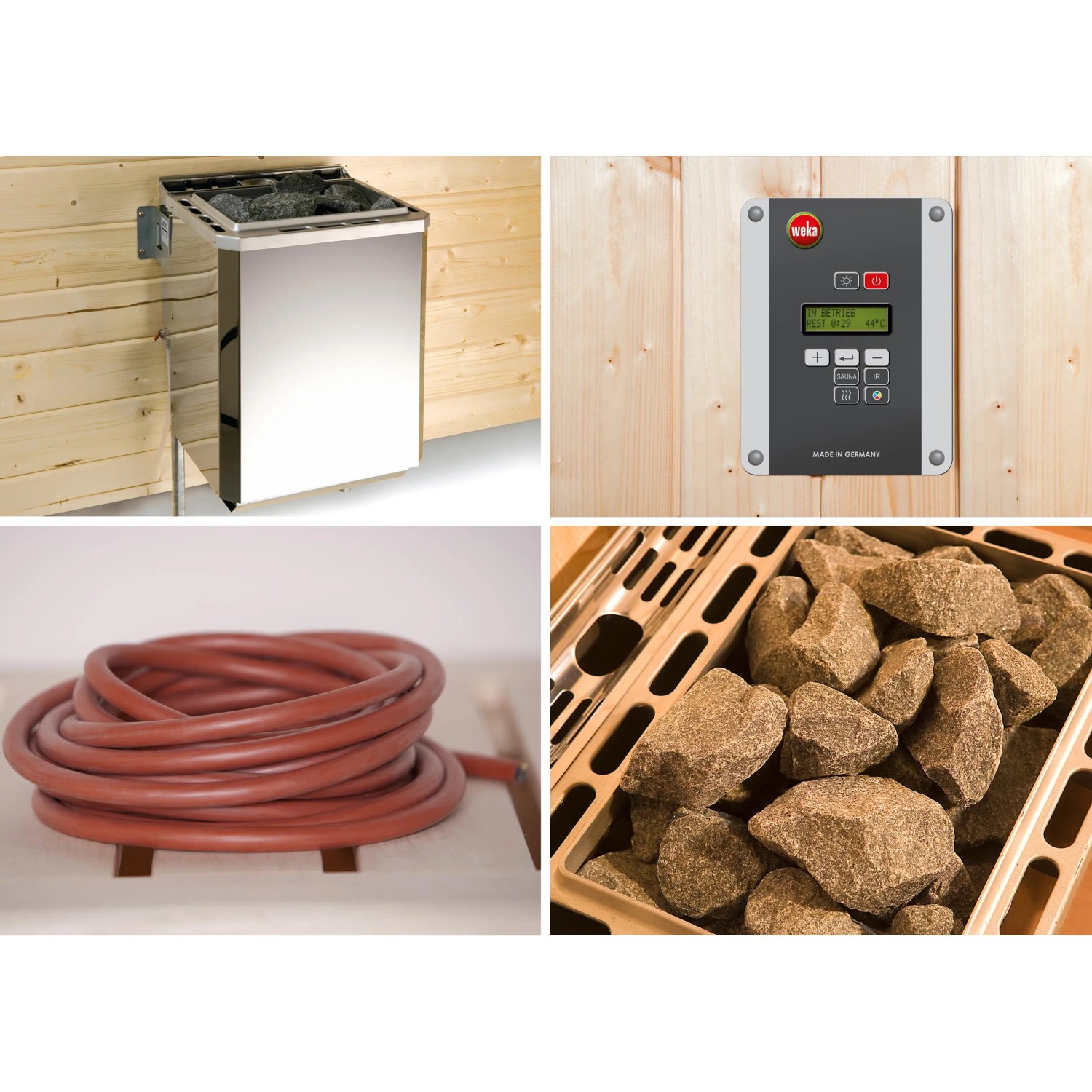 Zubehör für Weka Massivholzsauna Valida Eck: Saunaofen, Steuerung, Kabel und Saunasteine.