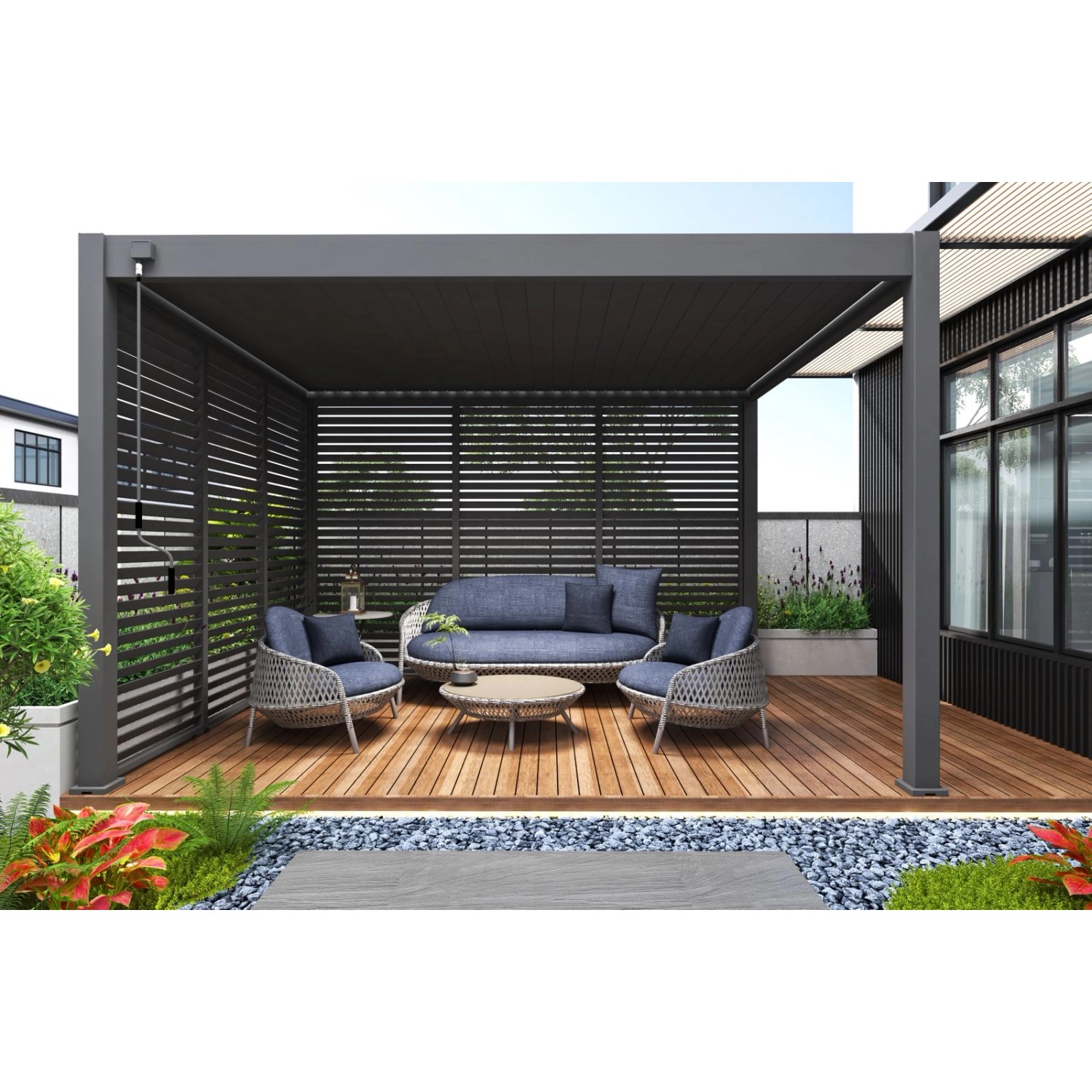 Horizontale Lamellenwand in Anthrazit für Weide Pergola, Teil einer Outdoor-Sitzecke.