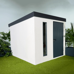 Modernes, weißes Gartenhaus Amazing Spaces Urban One mit Fenster und Tür.