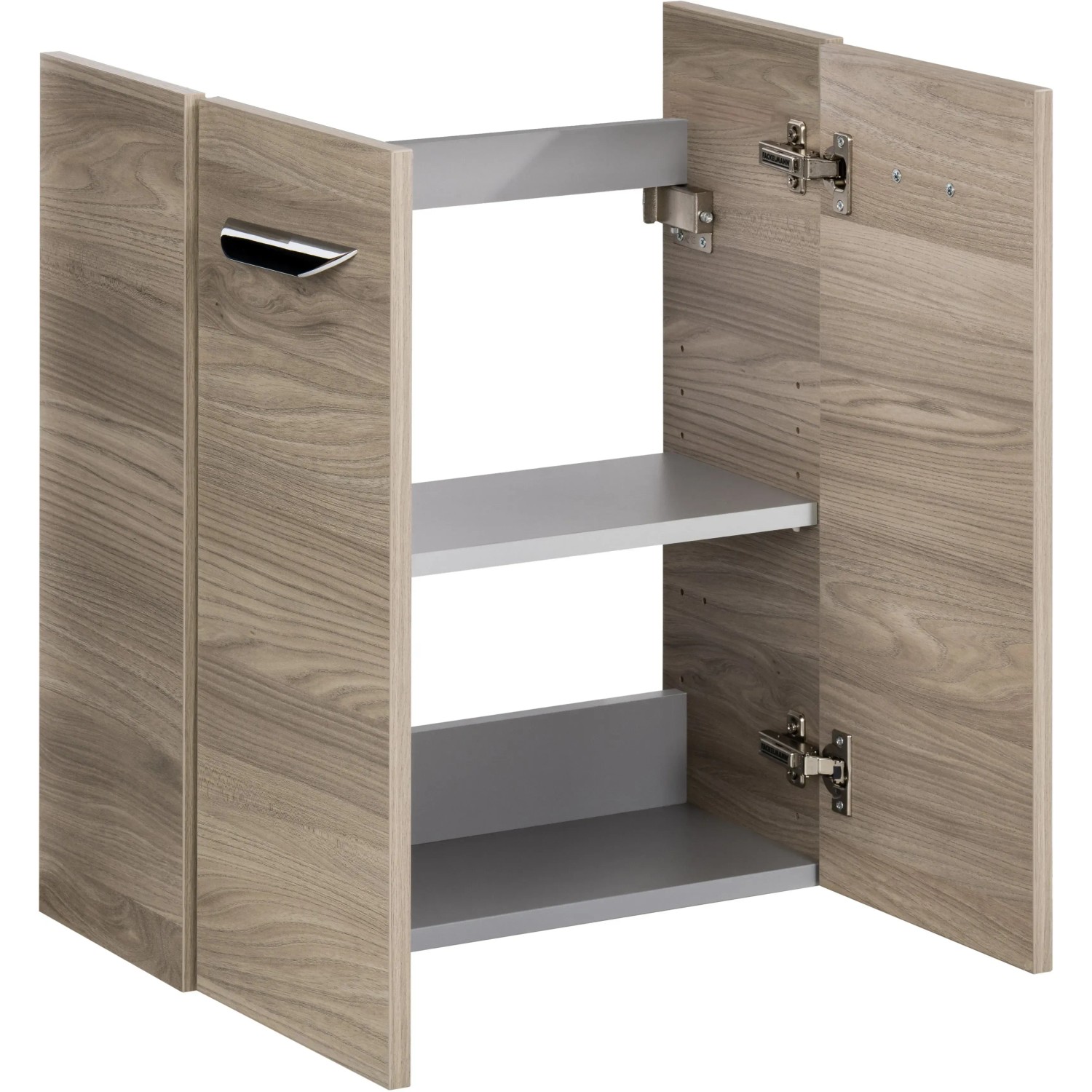Offener Fackelmann Waschbeckenunterschrank SBC Steinesche, 52 cm breit, mit zwei Einlegeböden.