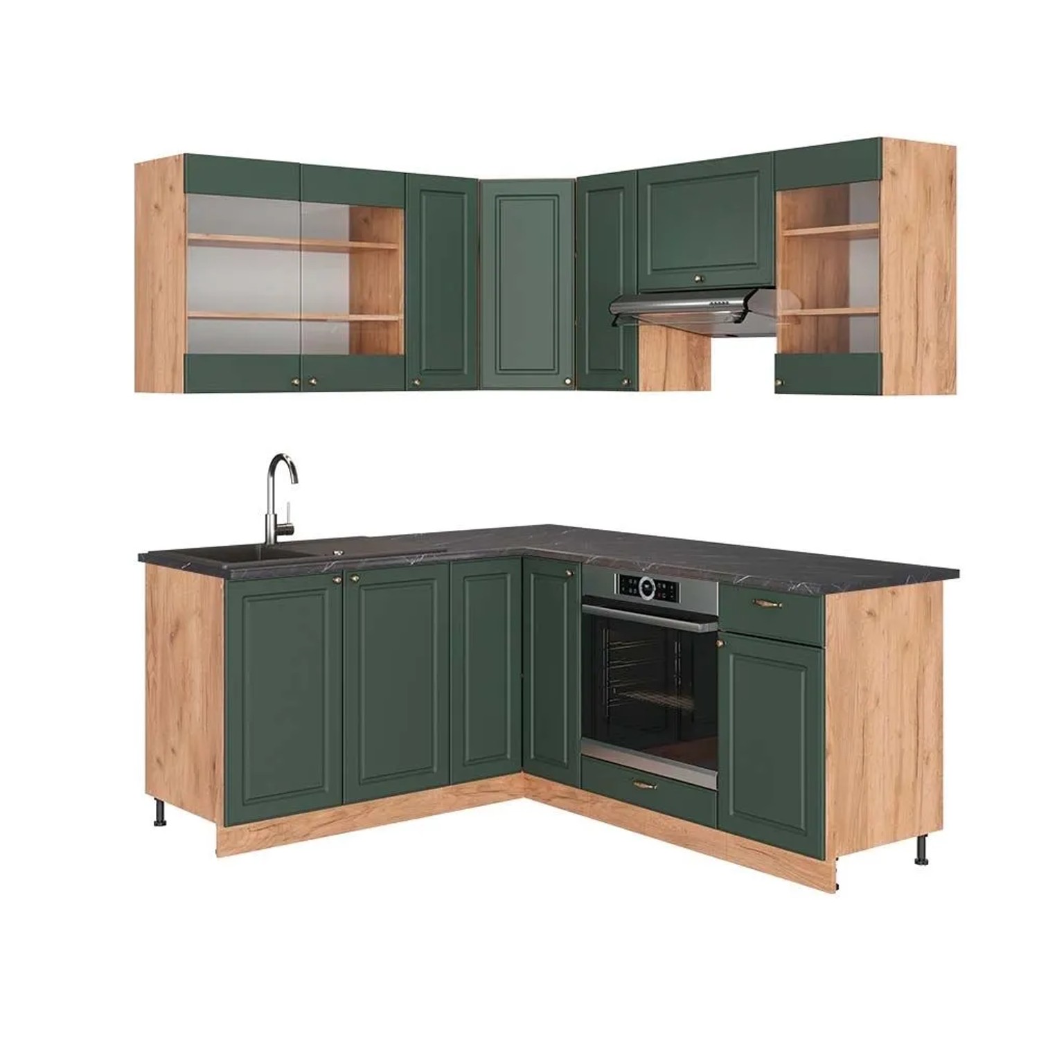 Vicco Eckküche Fame-Line Grün-Gold Landhaus/Goldkraft Eiche 190 x 82, AP Anthrazit