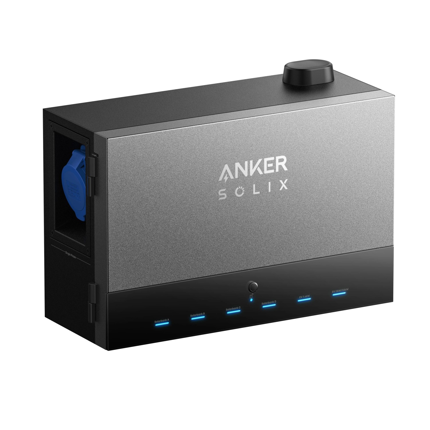 Anker Solix Power Dock mit Solarbank, graues Gehäuse mit blauen Anschlüssen, für Balkonkraftwerke.