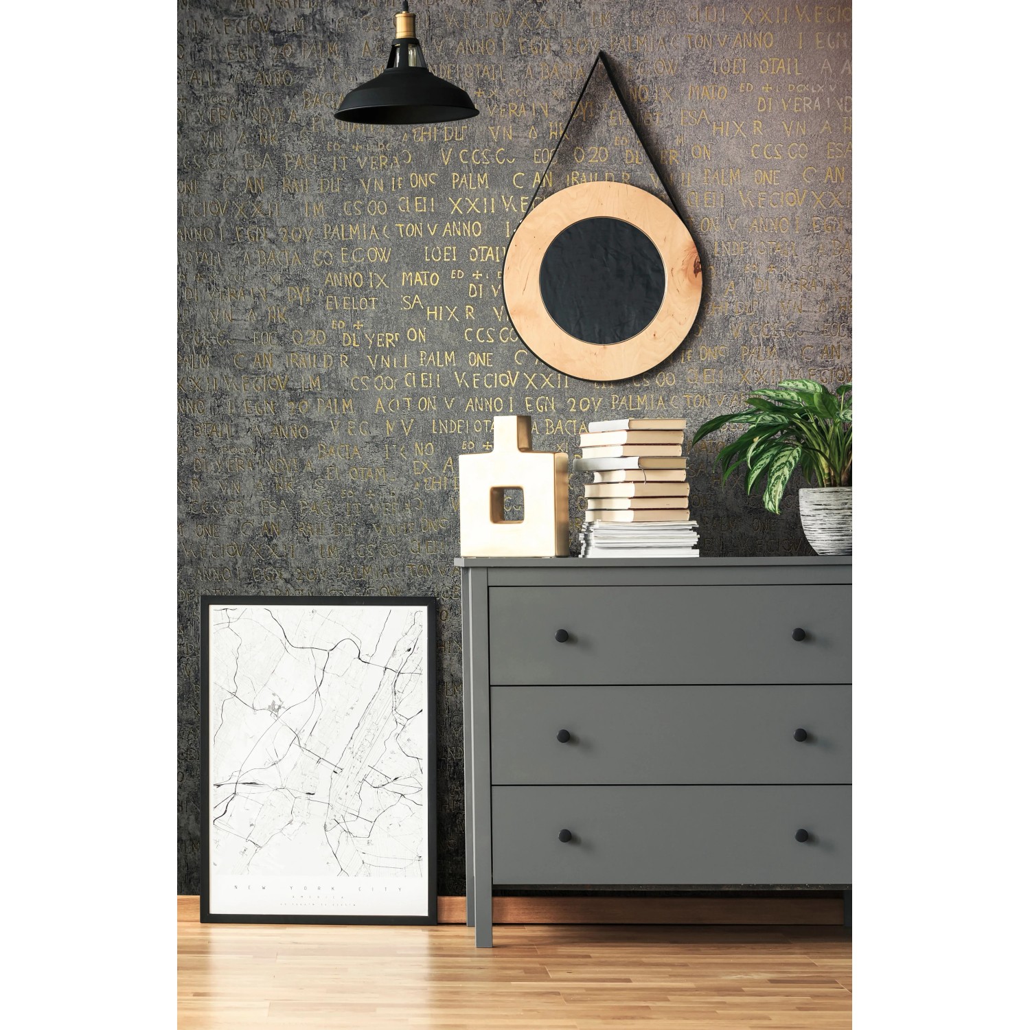 Moderne, anthrazitfarbene Marburg Vliestapete Jackie 6 mit grafischem Muster im Wohnraum.