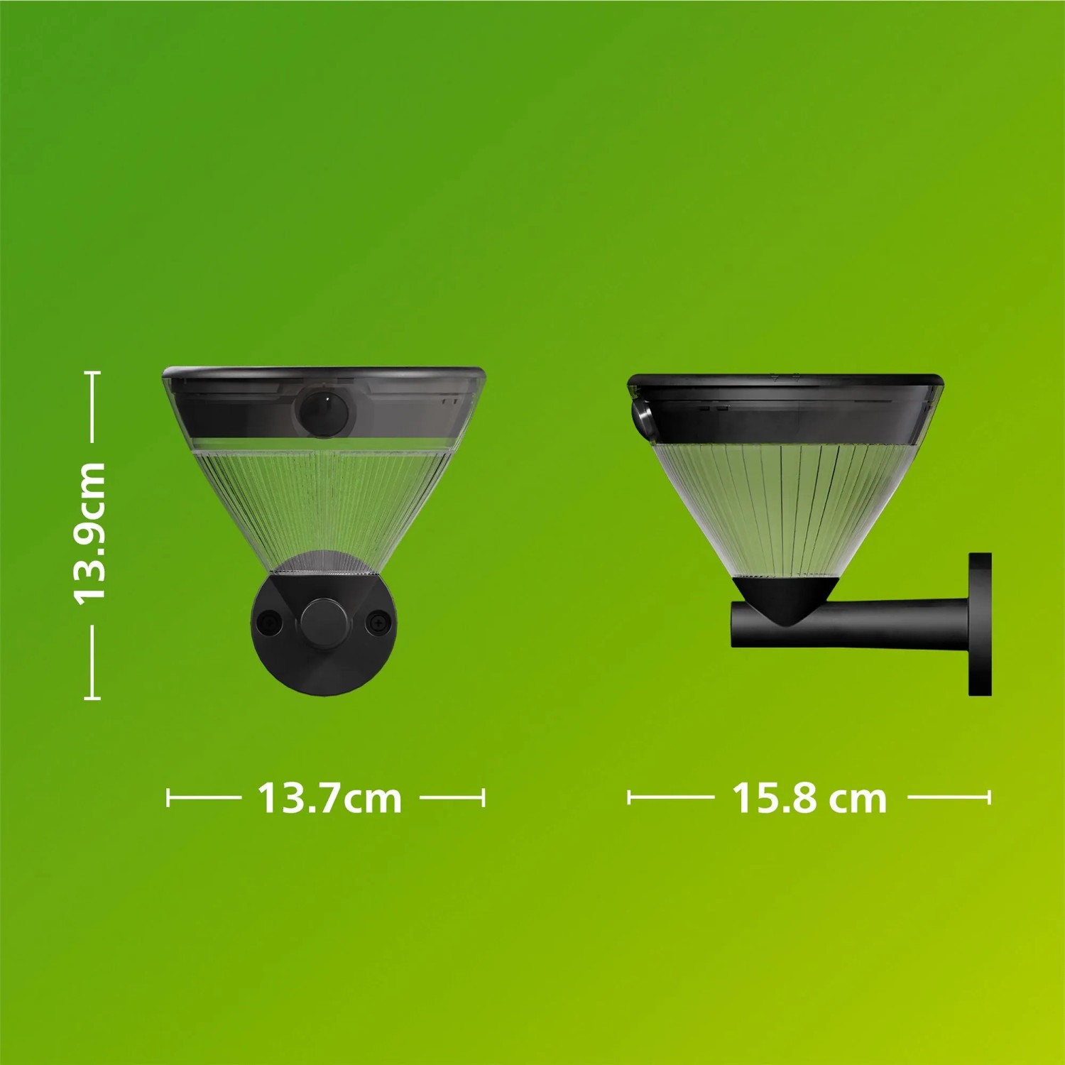 Schwarze Philips Solar-Außenwandleuchte Kyna mit Bewegungssensor und warmweißem Licht.