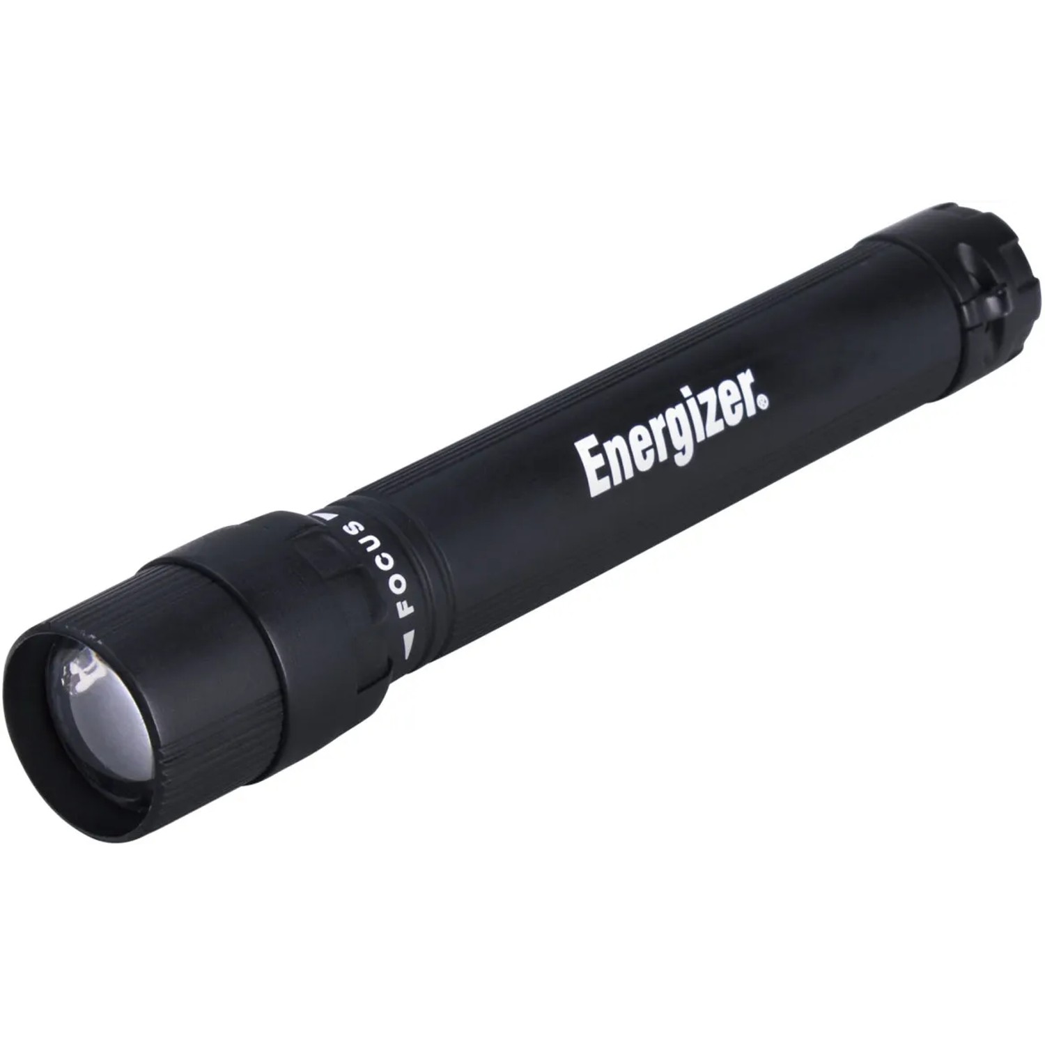 Schwarze Energizer X-Focus Taschenlampe mit Strahlfokussierung und Batterien.
