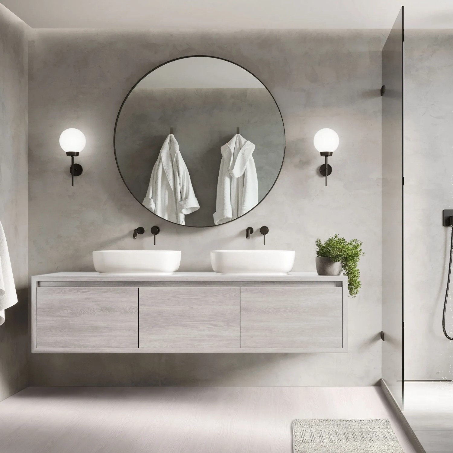 Modernes Bad mit ML-Design Vinylboden in Weiß Eiche, selbstklebende Dielen für einfache Verlegung.