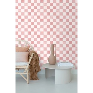 ESTAhome Tapete mit Karomuster in Rosa und Weiß, 50x900 cm, als Wanddekoration im Raum.
