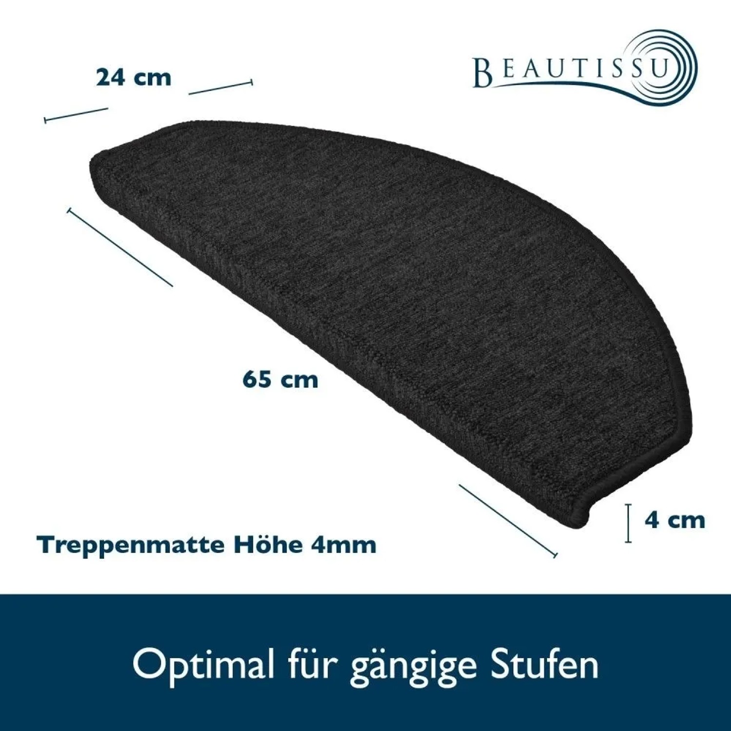 Beautissu Treppenstufenmatte ProStair, 55x15cm, anthrazit, halbrunde Stufenmatte