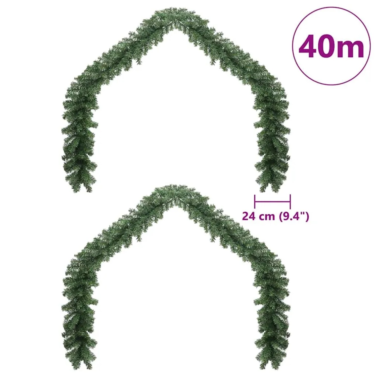 Grüne PVC Weihnachtsgirlande, 2 Stück, insgesamt 40m lang und 24cm breit. Ideal für festliche Deko.